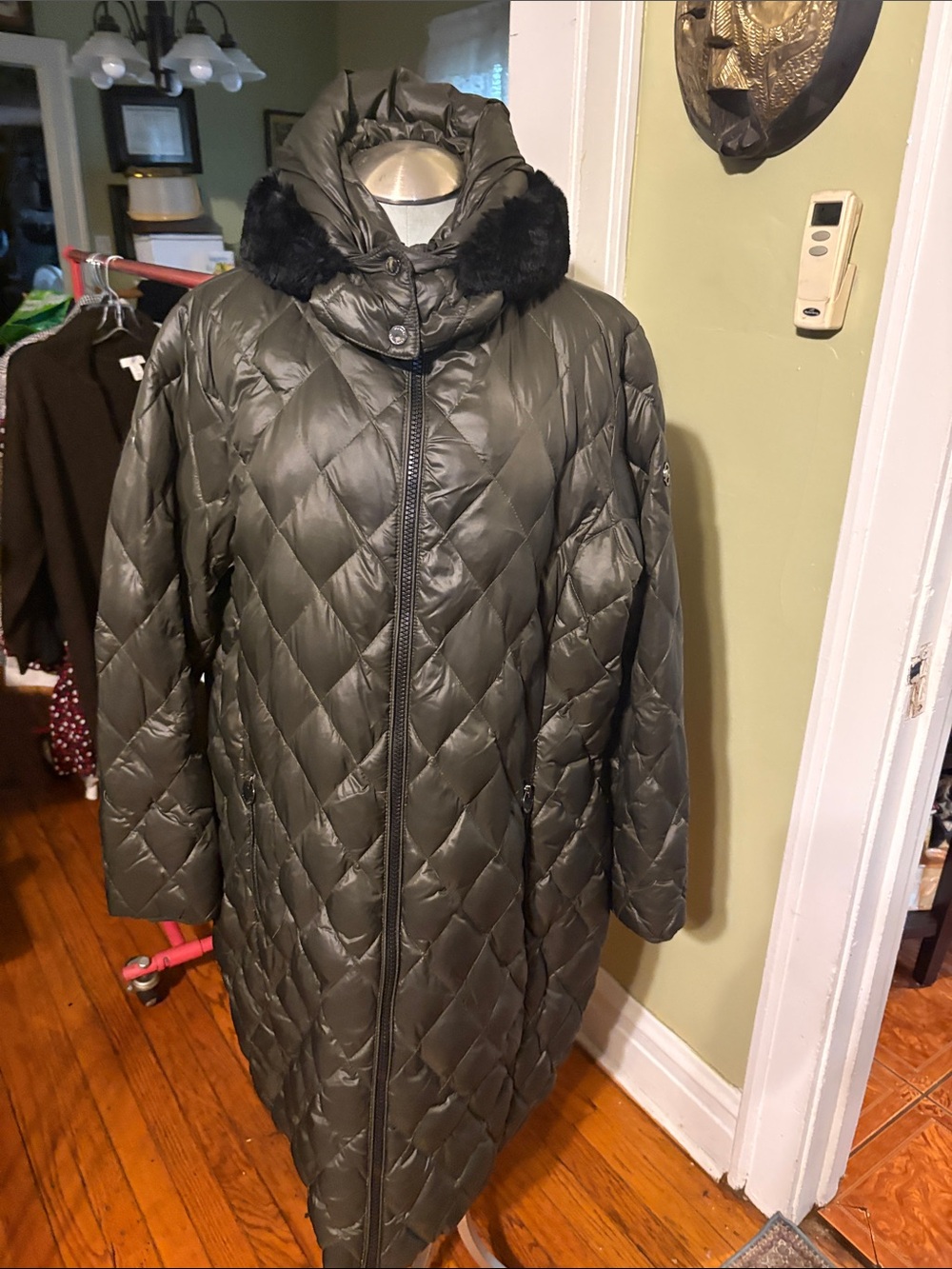 Michael Kors Olive Quilted Long Puffer Coat with Fur-Trim Hood